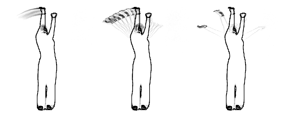 Figur 21: Tre bevegelseshistoriebilder laget ved å sette sammen flere bevegelsesbilder. I bildet til venstre er alle bevegelsesbildene tatt med, i midten er det tatt med hvert tredje bilde og til høyre hvert tiende bilde. Et omriss av danserens kropp er lagt på for å tydeliggjøre fremstillingen.
