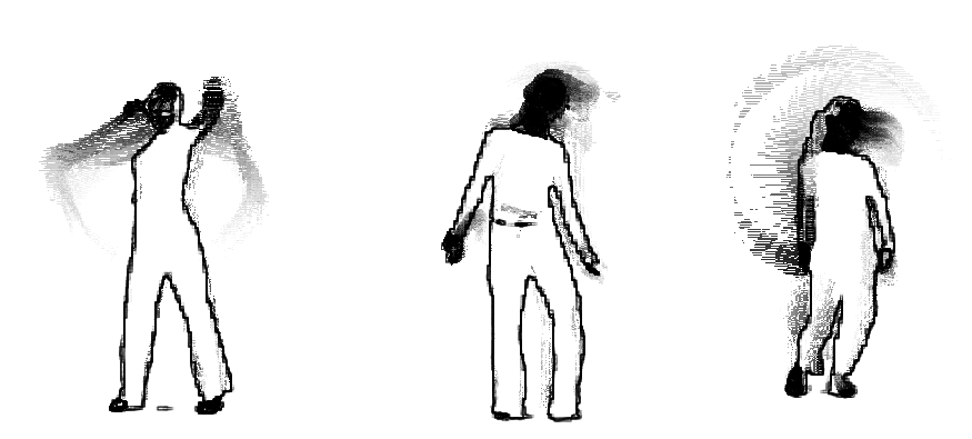 Figur 23: Et eksempel på hvordan bevegelseshistoriebilder kan brukes som utgangspunkt for komparativ analyse. Her vises en montasje av tre dansere som beveger seg til det samme musikalske materialet.
