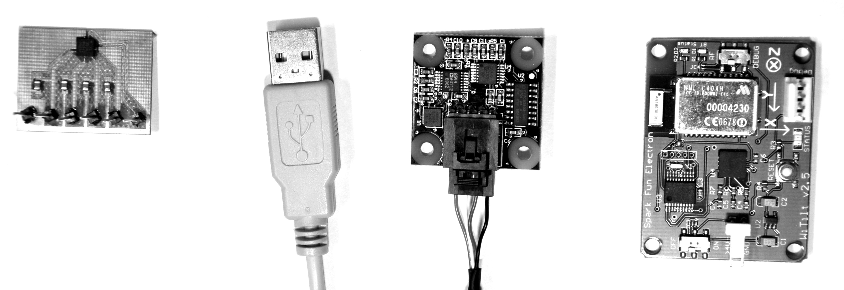 Figur 9: Eksempler på kinetiske sensorer: Akselerometer loddet til et egenutviklet kretskorts (venstre), et akselerometer med USB-tilkobling (midten) og et lite kort med integrert akselerometer, gyroskop og en sender for trådløs overføring av data.